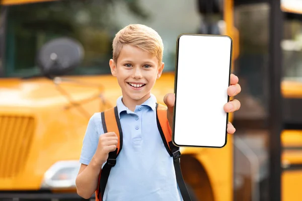 Great App Smiling Preteen Schoolboy Showing Big Blank Smartphone White — Stock Photo, Image