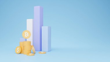 Kripto para ticareti, finans sektörü yatırımı. Borsa ve hisse senedi ticareti istatistikleri için renkli tablo, bitcoin ve dolar işaretli paralar, mavi arkaplan, kopyalama alanı, 3D illüstrasyon