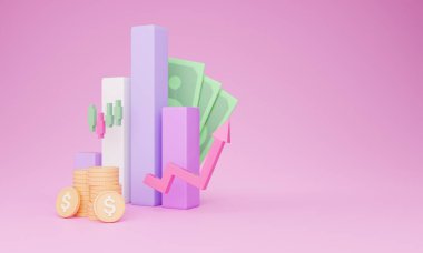 Ticaret, finansal hisse senetleri ve piyasa konsepti, 3D illüstrasyon, kolaj, fotokopi alanı olan panorama. Nakit para, altın sikkeler, yükselen ok küresel piyasalarda değişimleri gösteriyor, pembe arka plan