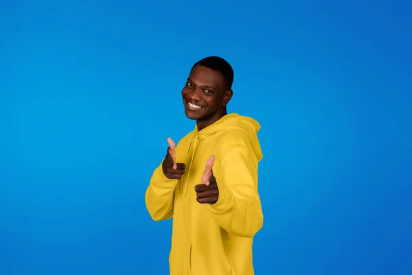 Positive Confident Young Black Guy Point Fingers Camera Isolated Blue — Stock Photo, Image