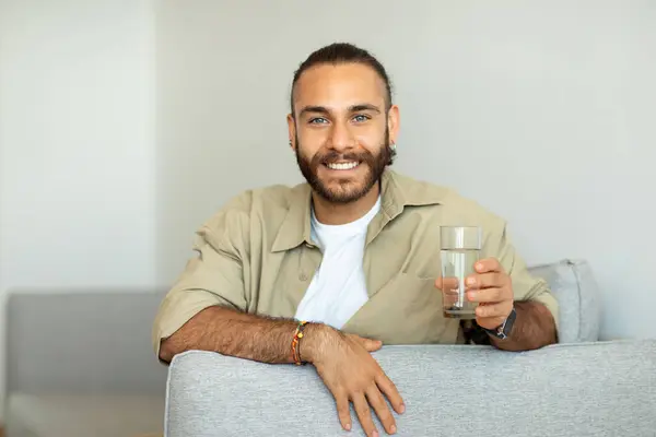Happy Handsome Bearded Young Hispanic Man Sitting Couch Living Room — Stock Photo, Image