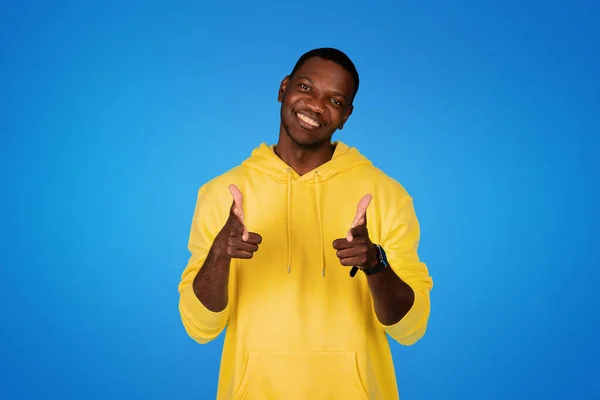 Cheerful Young Black Man Point Fingers Camera Motivating Work Study — Stock Photo, Image