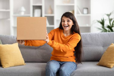 Bin yıllık mutlu Hintli bayan müşteri koltukta oturuyor, büyük bir paket paketi tutuyor ve bağırıyor, online mağazadan, ev içi, reklam için fotokopi alanından postayı alıyor.