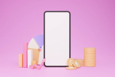 Çevrimiçi borsa ve hisse senedi ticareti, mobil uygulama. 3D çizim, kolaj. Beyaz ekranlı akıllı telefon, nakit para, bozuk para, hisse senedi değiştirme hatları, pembe arka plan, maket, kopyalama alanı