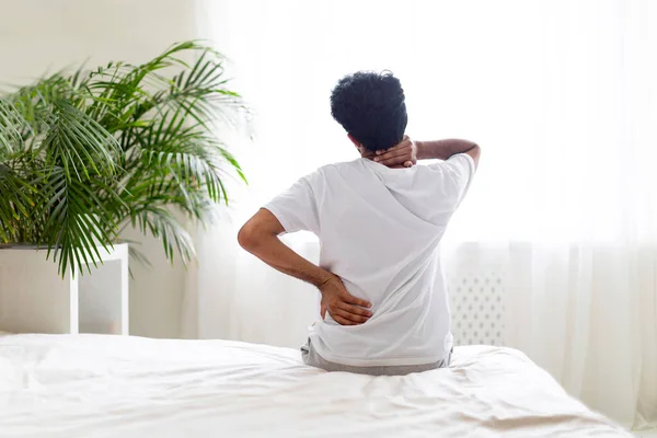 Unrecognizable Young Man Having Neck Back Pain While Waking Morning — Stock Photo, Image