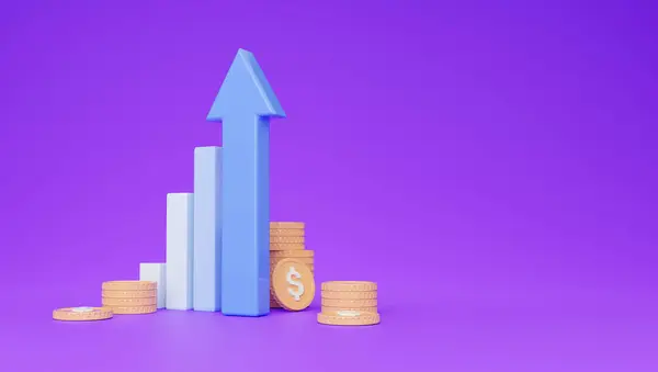 Blue stock arrow up, chart showing growth and golden coins with bitcoin and gold signs, purple background with copy space. Investment and financial growth concept, 3D illustration, web-banner