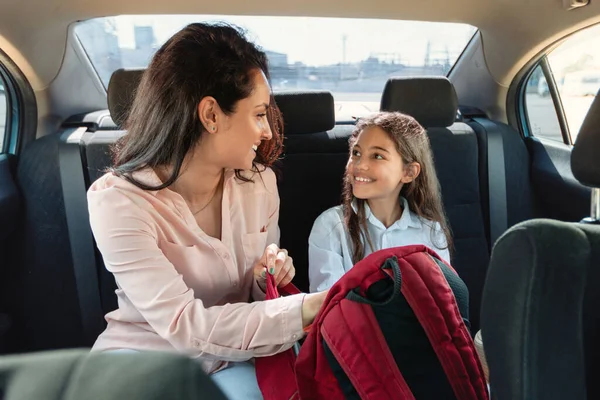 Back School Concept Beautiful Mother Checking Daughter Backpack Sitting Child — Stock Photo, Image