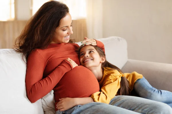 Second Pregnancy Waiting Little Brother Kid Girl Touching Her Pregnant — Stock Photo, Image