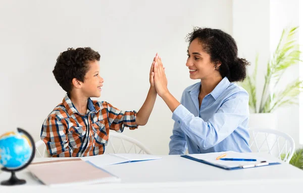 Successful School Day Cheerful Schoolboy Teacher Woman Giving High Five — Stock Photo, Image