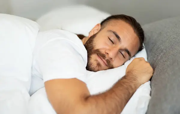 Comfortable Healthy Sleep Environment Concept Closeup Photo Peaceful Handsome Bearded — Stock Photo, Image