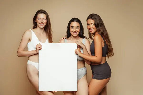 Cheerful millennial diverse women in underwear enjoy self love, hold banner with free space, isolated on beige background, studio. Beauty care, lifestyle and motivation, wellness