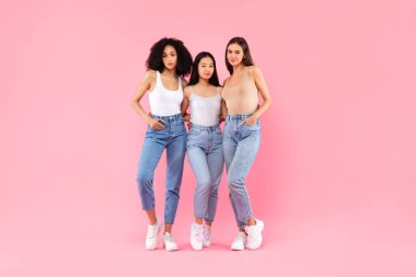 Pembe arka planda poz veren ve gülümseyen üç farklı genç bayan arkadaştan oluşan bir grup. Çok ırklı güzellik kavramı