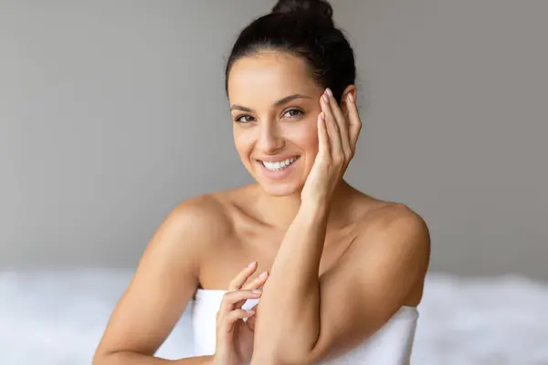 Skincare Self Pampering Happy Young Woman Touching Cheek Glowing Smooth — Stock Photo, Image
