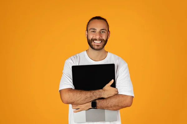 Happy Adult European Guy Beard White Shirt Hugs Laptop Blank — Stock Photo, Image