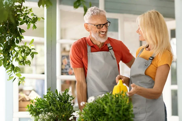 Happy Senior Man Woman Aprons Watering Flowers Chatting Smiling Mature — Stock Photo, Image