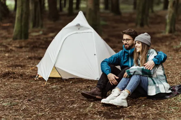 Happy Young Caucasian Family Jackets Sitting Relaxing Tent Enjoy Adventure — Stock Photo, Image