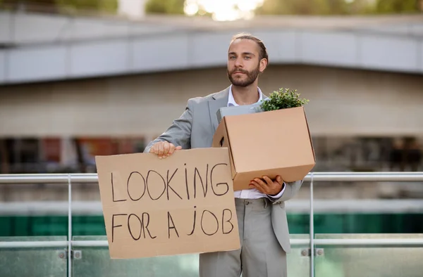 Młody Europejski Biznesmen Trzymający Kartonowy Znak Tekstem Szukając Pracy Świeżym — Zdjęcie stockowe