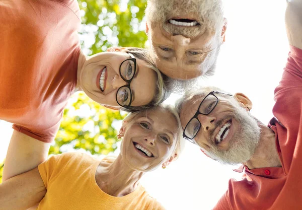 Group portrait of happy senior friends looking down at the camera while standing together outdoors, smiling active older people posing in huddle after group yoga training in park, low angle shot