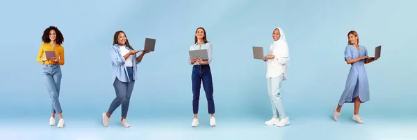Online Education. Group of multiracial young women study remotely with laptop computers. Happy multiethnic students using modern devices for e-learning, posing on colorful studio background, collage