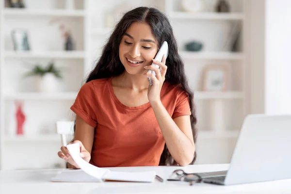Happy Indian Woman Worker Managing Online Tasks Phone Call Minimalistic — Stock Photo, Image