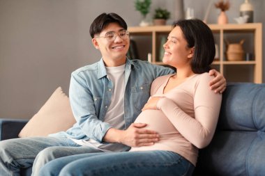 Mutlu Asyalı bir adam hamile karısına sarılıyor ve evdeki koltukta karnına dokunuyor. Genç bir çift ilk hamileliğinin tadını çıkarmayı bekliyor. Çocuk doğumu, çocuk beklentisi konsepti