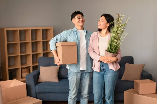 New Home. Happy Korean couple moving into a new home, holding a box of belongings and a green potted plant, standing smiling to each other amidst carton boxes indoor. New beginnings