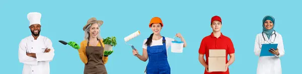 Creative Collage People Different Professions Posing Blue Background Composite Shot — Stock Photo, Image