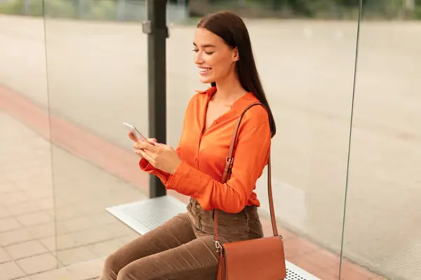 Casual Young Lady Smartphone Sitting Bus Tram Stop Using City — Stock Photo, Image