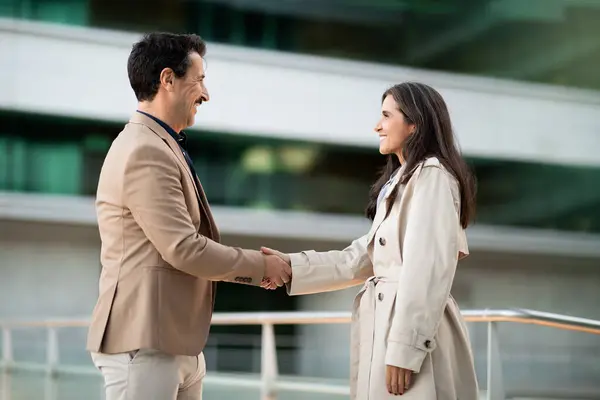 Smiling Business Associates Mature Man Woman Formal Outfit Greet Each — Stock Photo, Image