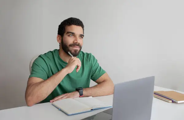 Pensive Young Muslim Man Student Manager Making Notes Planning Day — Stock Photo, Image