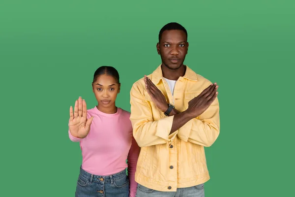 Young Determined African American Couple Showing Stop Gesture Camera Together — Stock Photo, Image