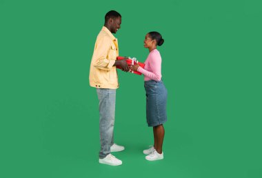 Yakışıklı siyah adam heyecanlı, genç, Afro-Amerikan sevgilisine büyük kırmızı hediye kutusu veriyor. Sevgi dolu bir çift doğum gününü ya da yıldönümünü yeşil arka planda kutluyor.