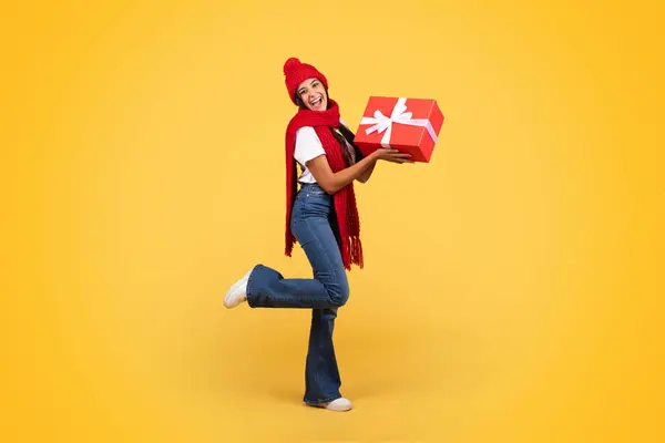 Smiling European Young Student Woman Hat Hold Gift Festive Xmas — Stock Photo, Image