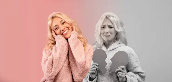 Happy and sad millennial european woman suffer from depression, heartbreak, cry on pink and gray background, panorama. Problems, emotions from breakup, stress and love end