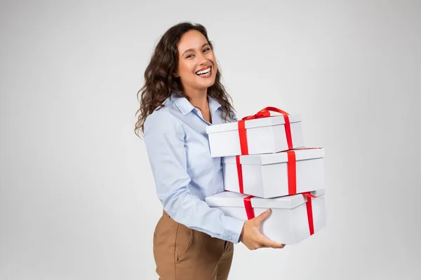 Cheerful Adult European Woman Formal Wear Holding Many Boxes Gifts — Stock Photo, Image