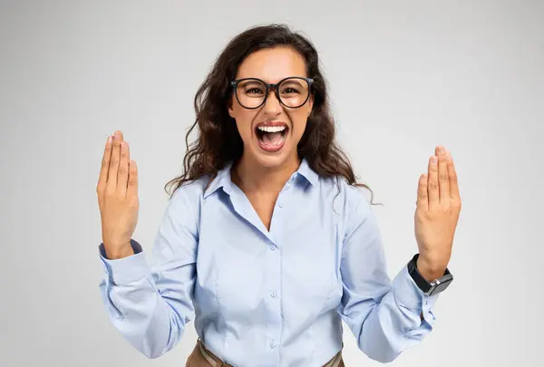 Angry Sad Adult European Woman Formal Wear Raises Hands Screams — Stock Photo, Image