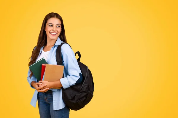 Positive Pretty Young Student Lady Backpack Books Look Copy Space — Stock Photo, Image