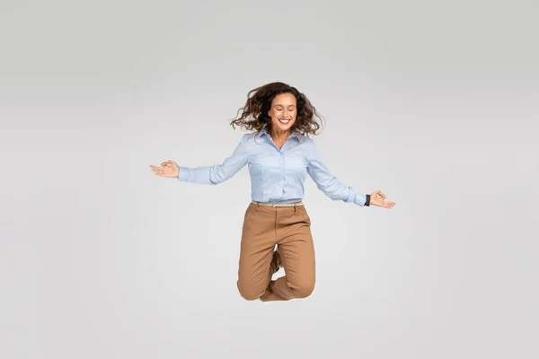 Happy Calm Young European Woman Enjoy Win Jump Air Joy — Stock Photo, Image