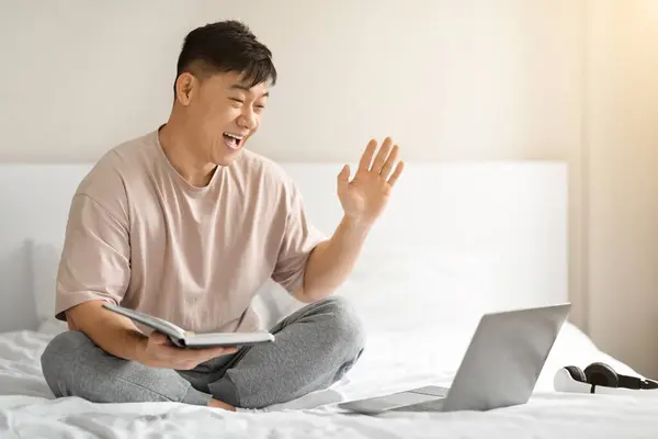 Cheerful Mature Chinese Man Have Video Call Sitting Bed Home — Stock Photo, Image