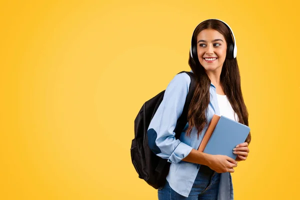 Smiling Calm Young Student Lady Typing Headphones Backpack Enjoy Music — Stock Photo, Image
