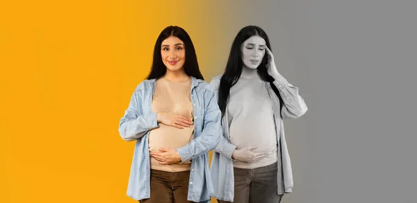 Šťastné Smutné Tisícileté Arabky Těhotné Ženy Trpí Depresí Bolest Hlavy — Stock fotografie