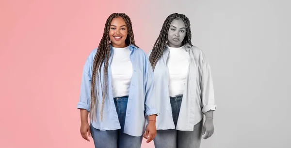 Fröhlich Aufgebracht Müde Millennial Black Lady Größe Traurig Auf Rosa — Stockfoto