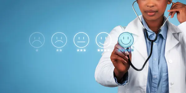 Focused black woman doctor listening breath with stethoscope and smile faces, expertise in diagnosis, medical examinations, isolated on blue background, studio, cropped, panorama