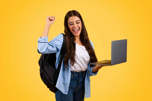 快乐的女学生享受着胜利 好消息 用笔记本电脑庆祝成功 在黄色的工作室背景下与世隔绝 远程学习 小工具聊天 人的情感 — 图库照片