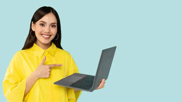 Happy Young Woman Pointing Laptop Her Hands Excited Brunette Lady — Stock Photo, Image