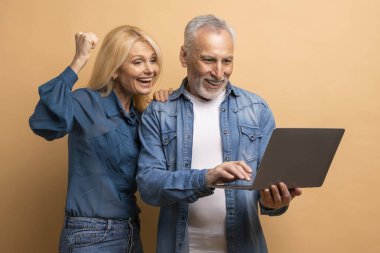 Nakit para, piyango, online bahis, kumar. Duygusal son sınıf çifti bej arka planda dizüstü bilgisayar kullanıyor, heyecanlı kadın kocasına sarılıyor ve elini kaldırıyor, harika haberler var, başarıyı kutluyor.