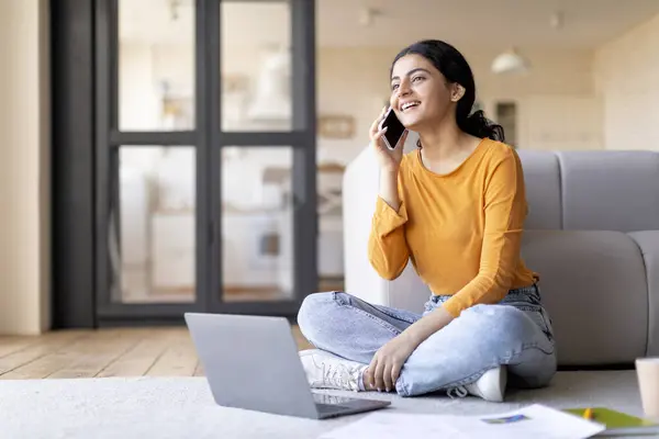 Mobile Communication Smiling Young Indian Female Talking Cellphone Using Laptop — Stock Photo, Image