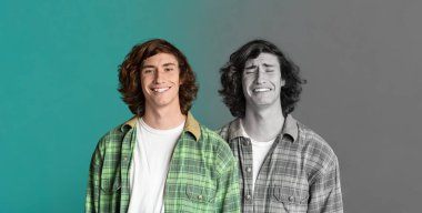 Mutlu ve üzgün, yorgun bin yıllık Avrupalı adam depresyon, baskı, mavi ve gri arka planda ağlama, panorama, kolaj yaşıyor. Zihinsel sorunlar, stres duyguları ve panik