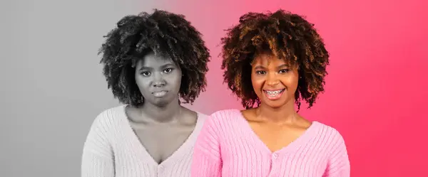 ポジティブで悲しい 疲れたミレニアル世代の黒人女性は ピンクと灰色の背景 スタジオ パノラマに悪いと感じています 精神的な問題 ストレス感情 午後気分とうつ病の変化キャラクター — ストック写真