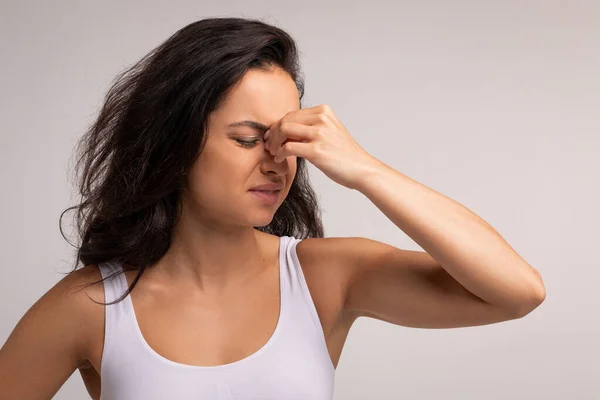 Upset Young Brunette Woman Tired Rubbing Nose Eyes Feeling Fatigue — Stock Photo, Image